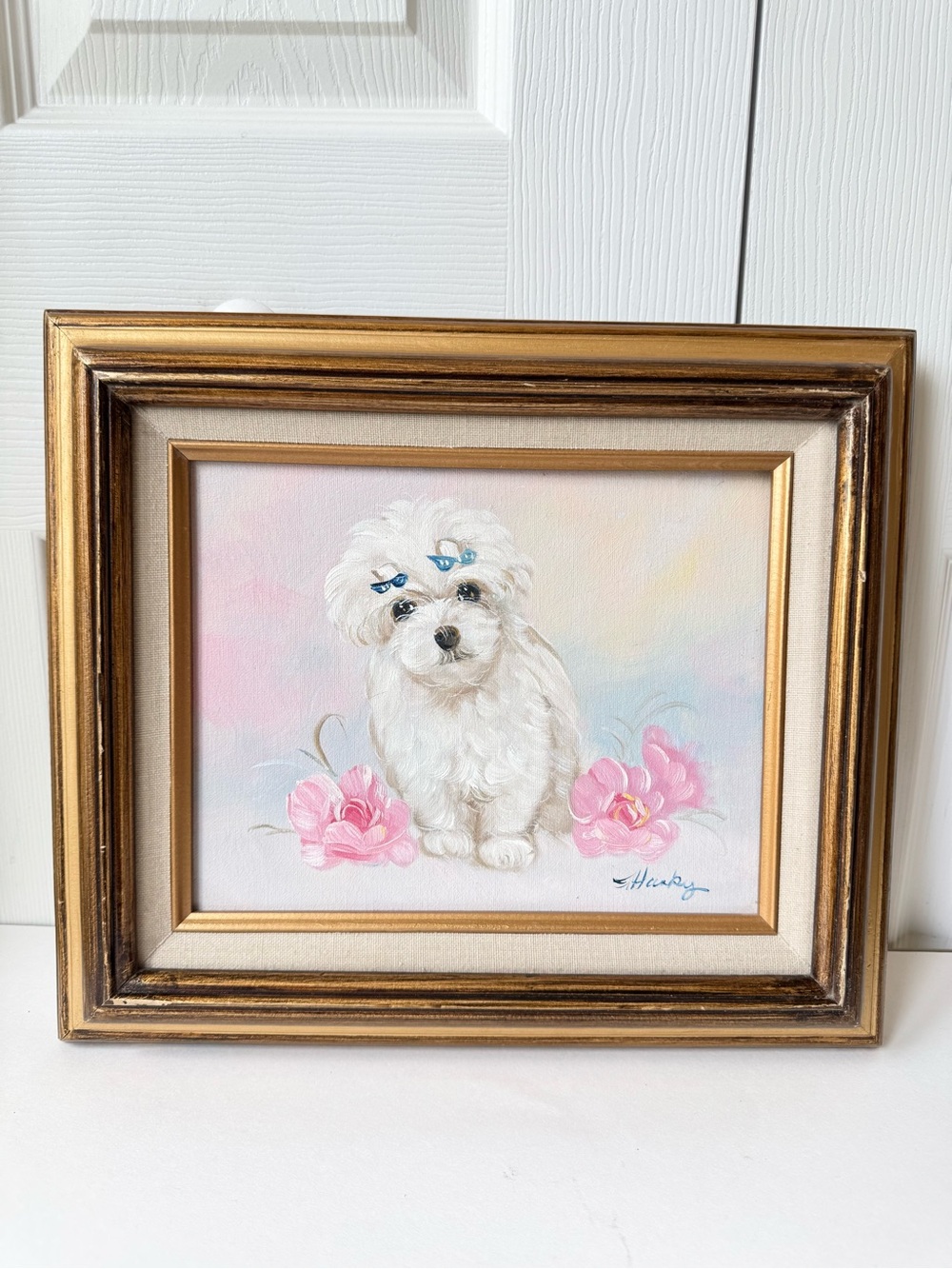 Maltese Puppy Dog Original Painting Framed Vintage Retro Bichon Pastel